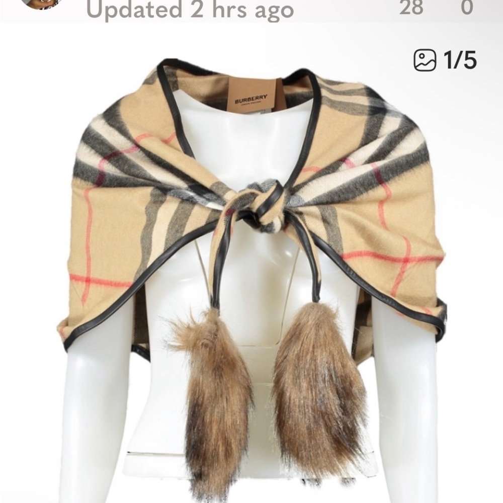Burberry Tan and Black Check Scarf with Fur Accents. Cashmere with lambskin trim